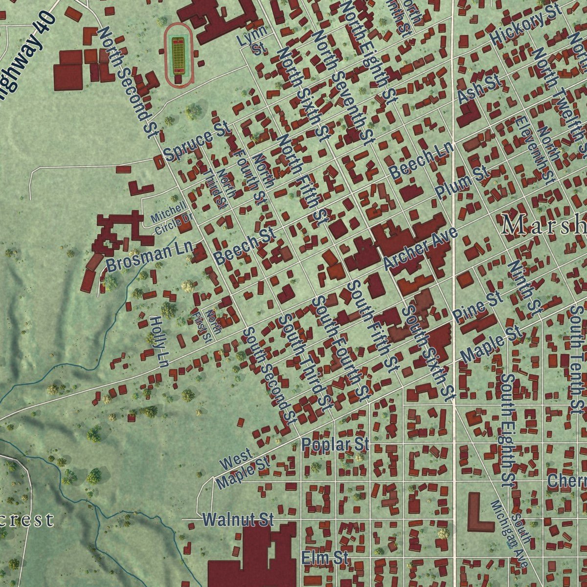 Close-up of the map of Marshall, Illinois print showing street and building detail