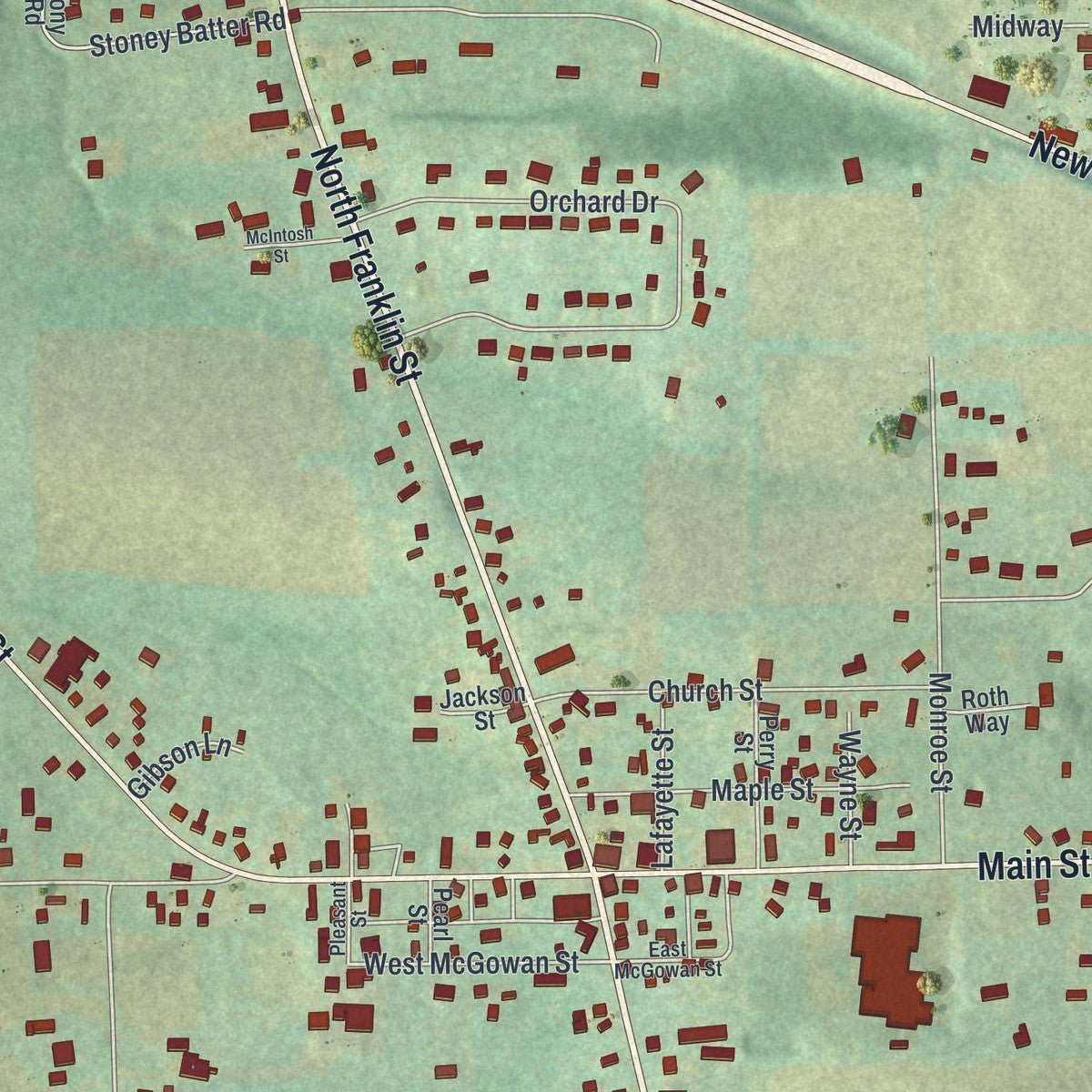 Close-up of the map of Prospect, Pennsylvania print showing street and building detail