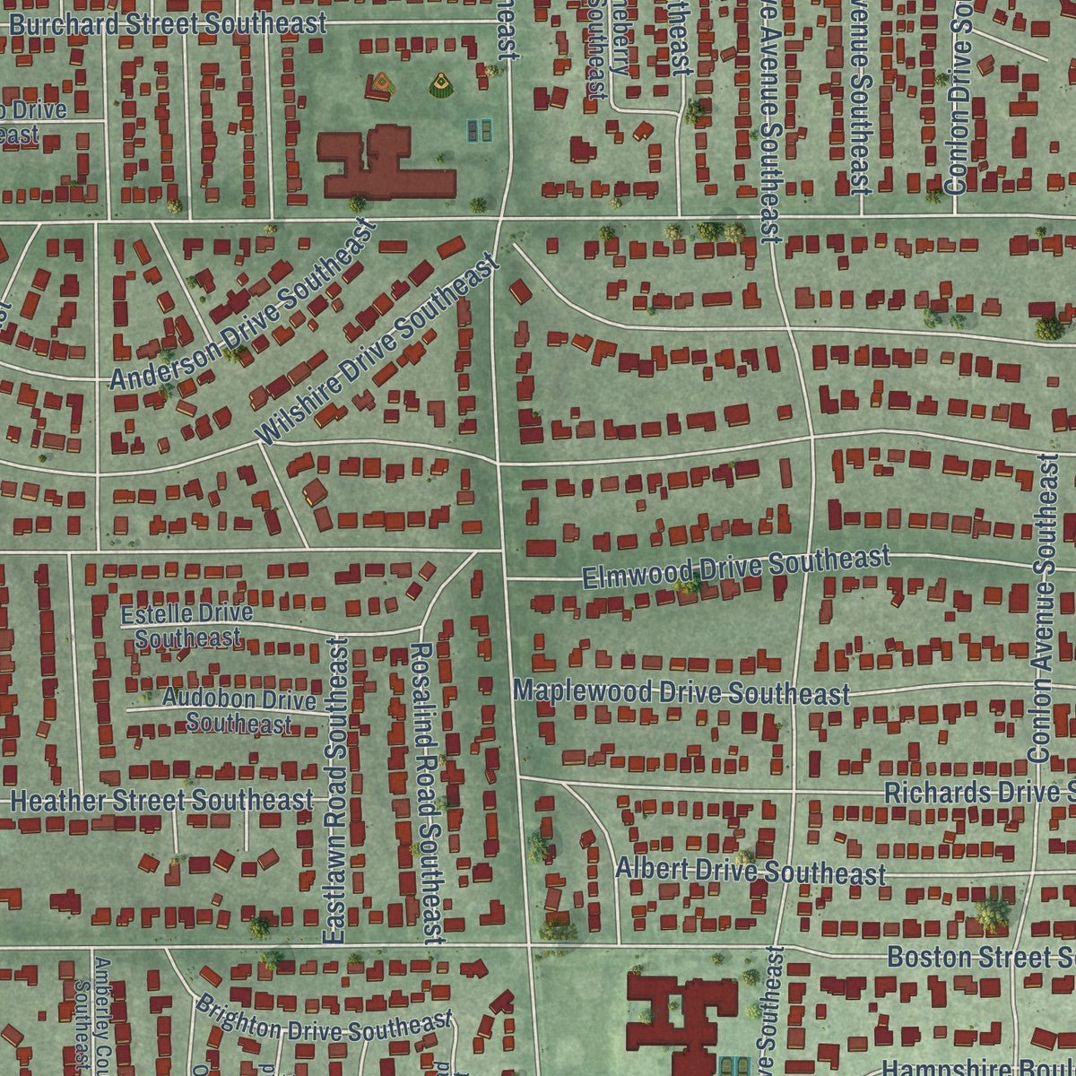 Close-up of the map of East Grand Rapids, Michigan print showing street and building detail