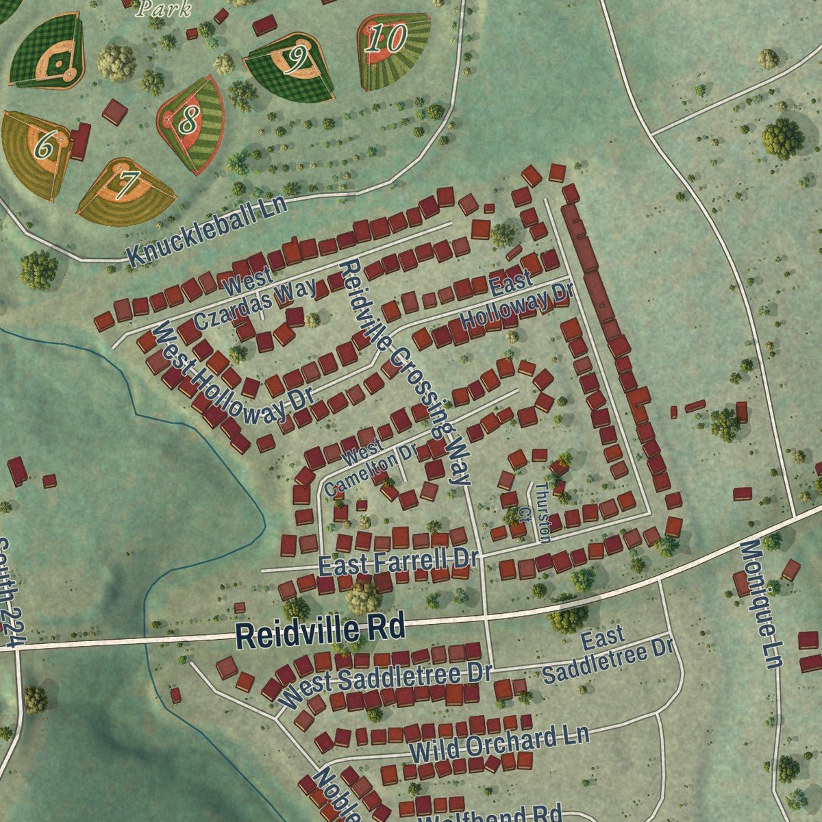 Close-up of the map of Reidville, South Carolina print showing street and building detail