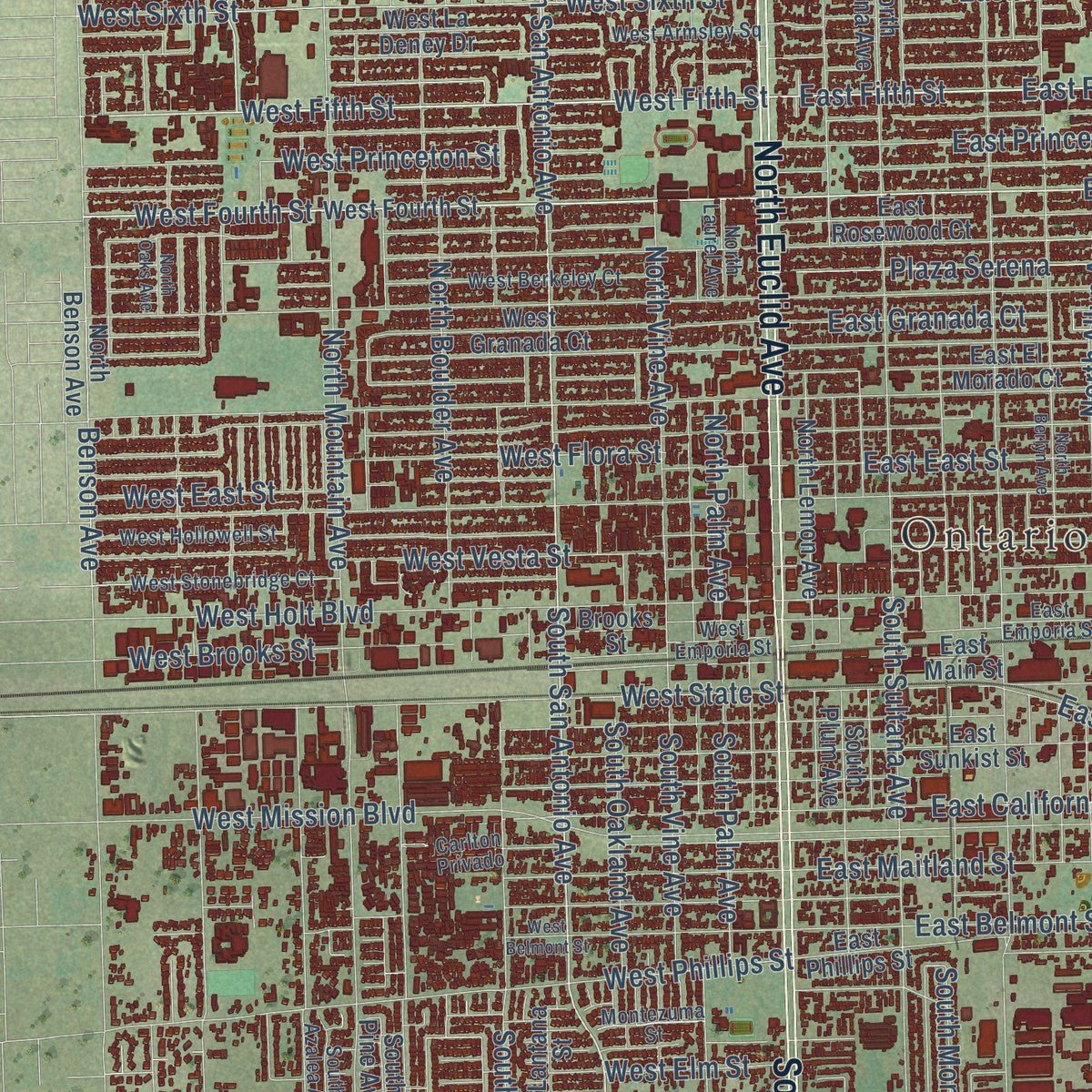 Close-up of the map of Ontario, California print showing street and building detail