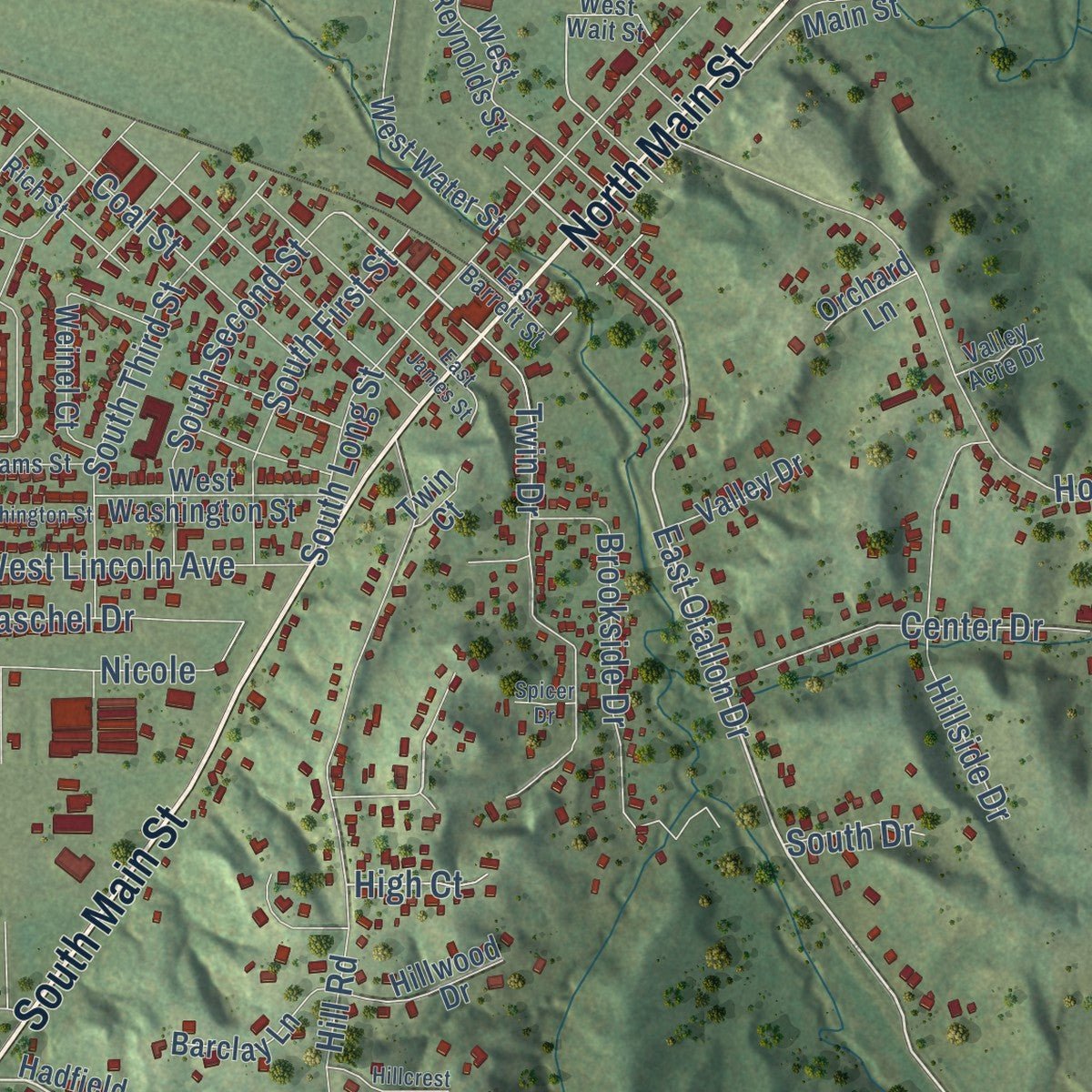 Close-up of the map of Caseyville, Illinois print showing street and building detail