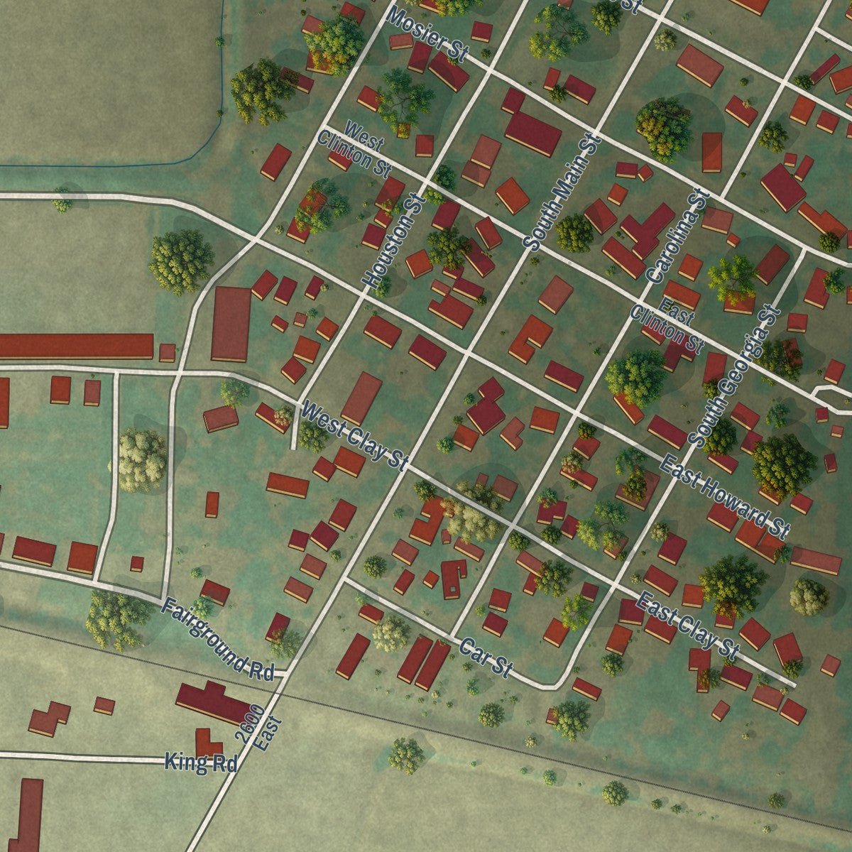Close-up of the map of Pleasant Hill, Illinois print showing street and building detail