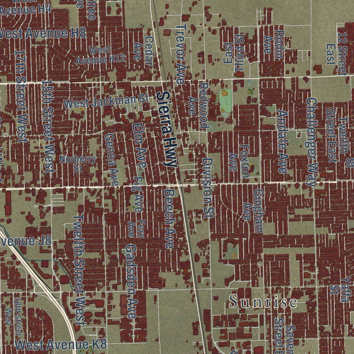 Close-up of the map of Lancaster, California print showing street and building detail