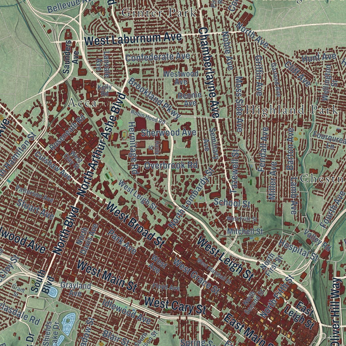 Close-up of the map of Richmond, Virginia print showing street and building detail