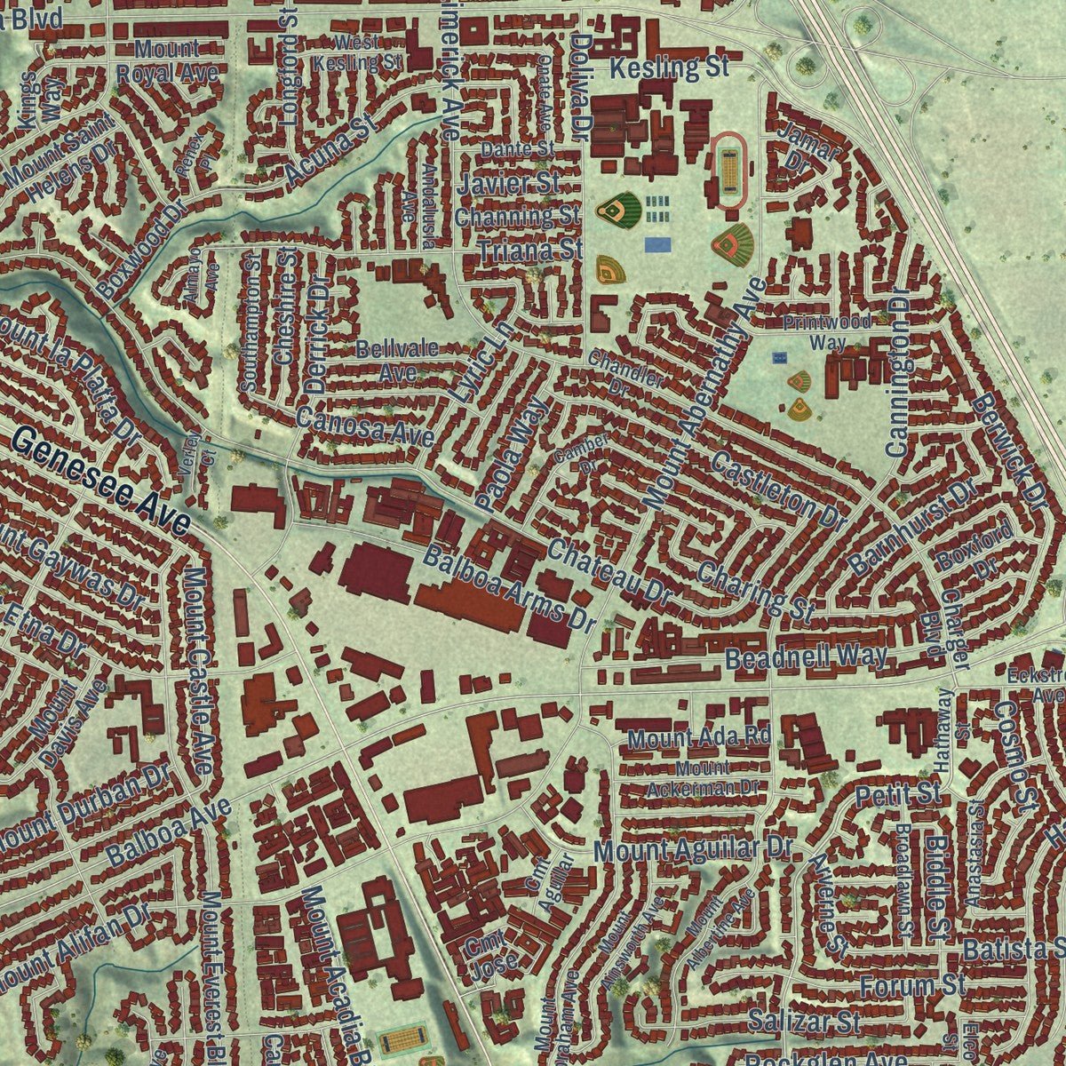 Close-up of the map of Clairemont Mesa, California print showing street and building detail