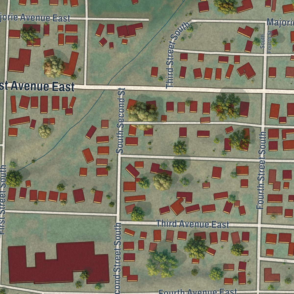 Close-up of the map of Odessa, Washington print showing street and building detail