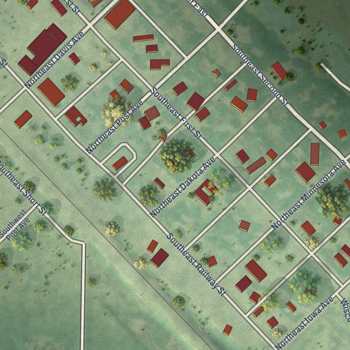 Close-up of the map of Flaxton, North Dakota print showing street and building detail