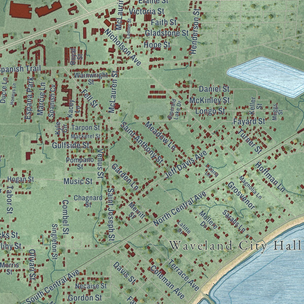 Close-up of the map of Waveland, Mississippi print showing street and building detail
