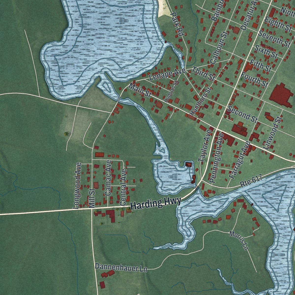 Close-up of the map of Mays Landing, New Jersey print showing street and building detail