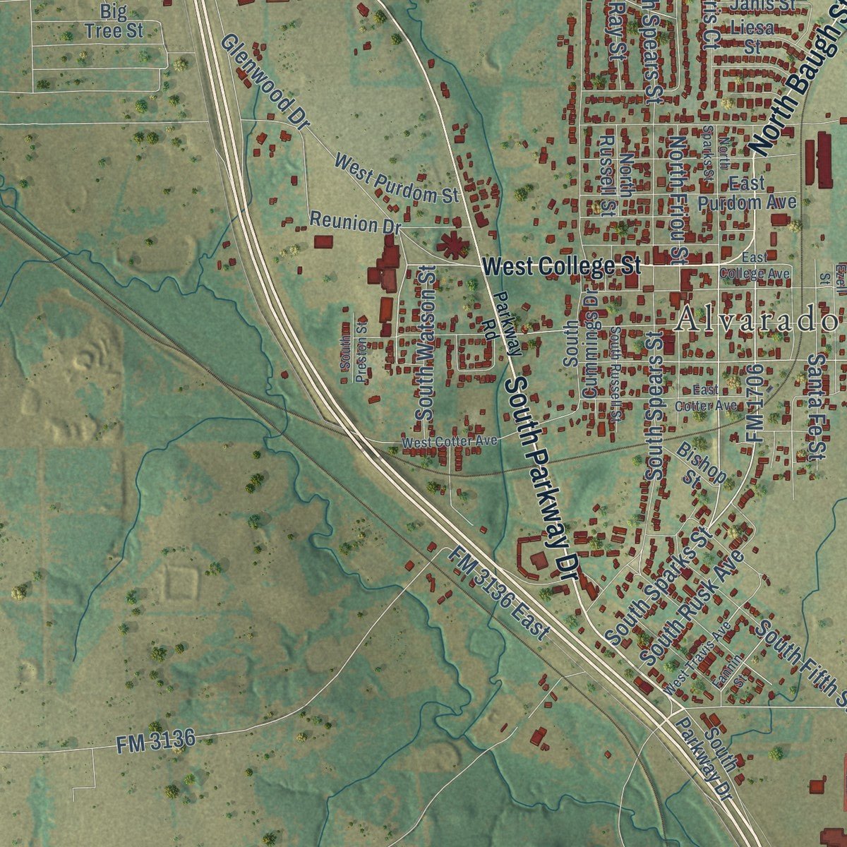 Close-up of the map of Alvarado, Texas print showing street and building detail