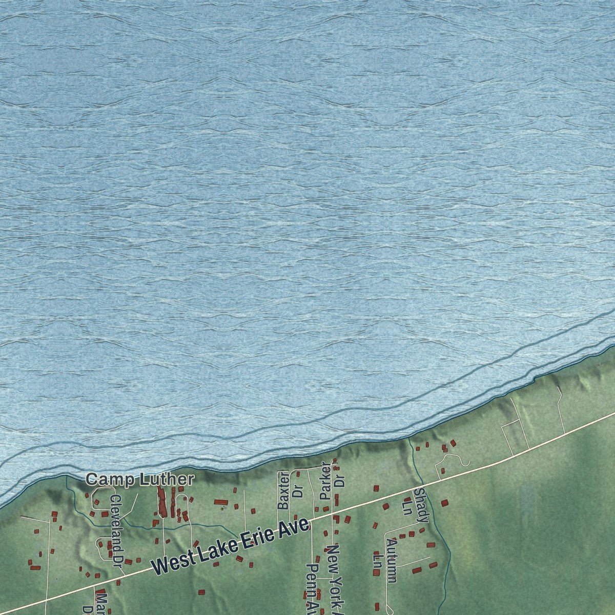 Close-up of the map of North Kingsville, Ohio print showing street and building detail