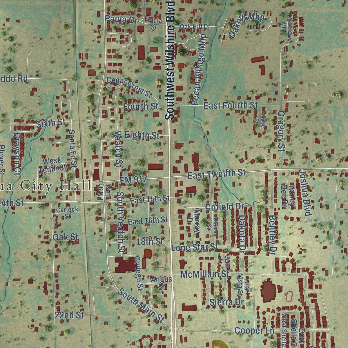 Close-up of the map of Joshua, Texas print showing street and building detail
