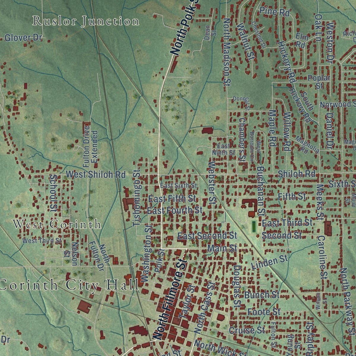 Close-up of the map of Corinth, Mississippi print showing street and building detail