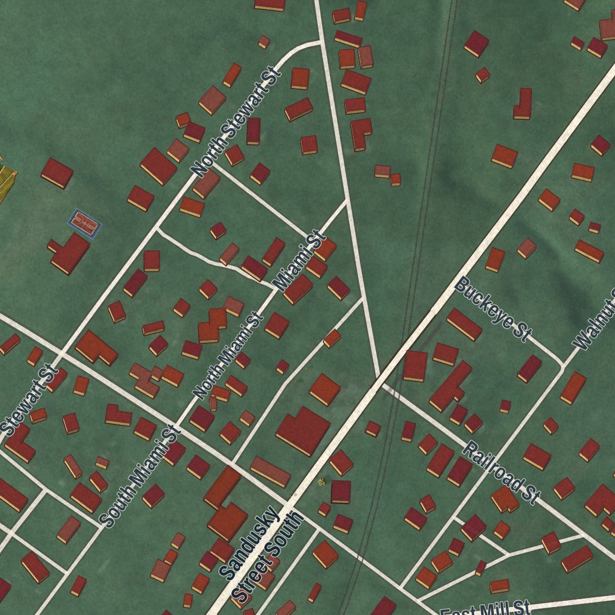 Close-up of the map of Rushsylvania, Ohio print showing street and building detail