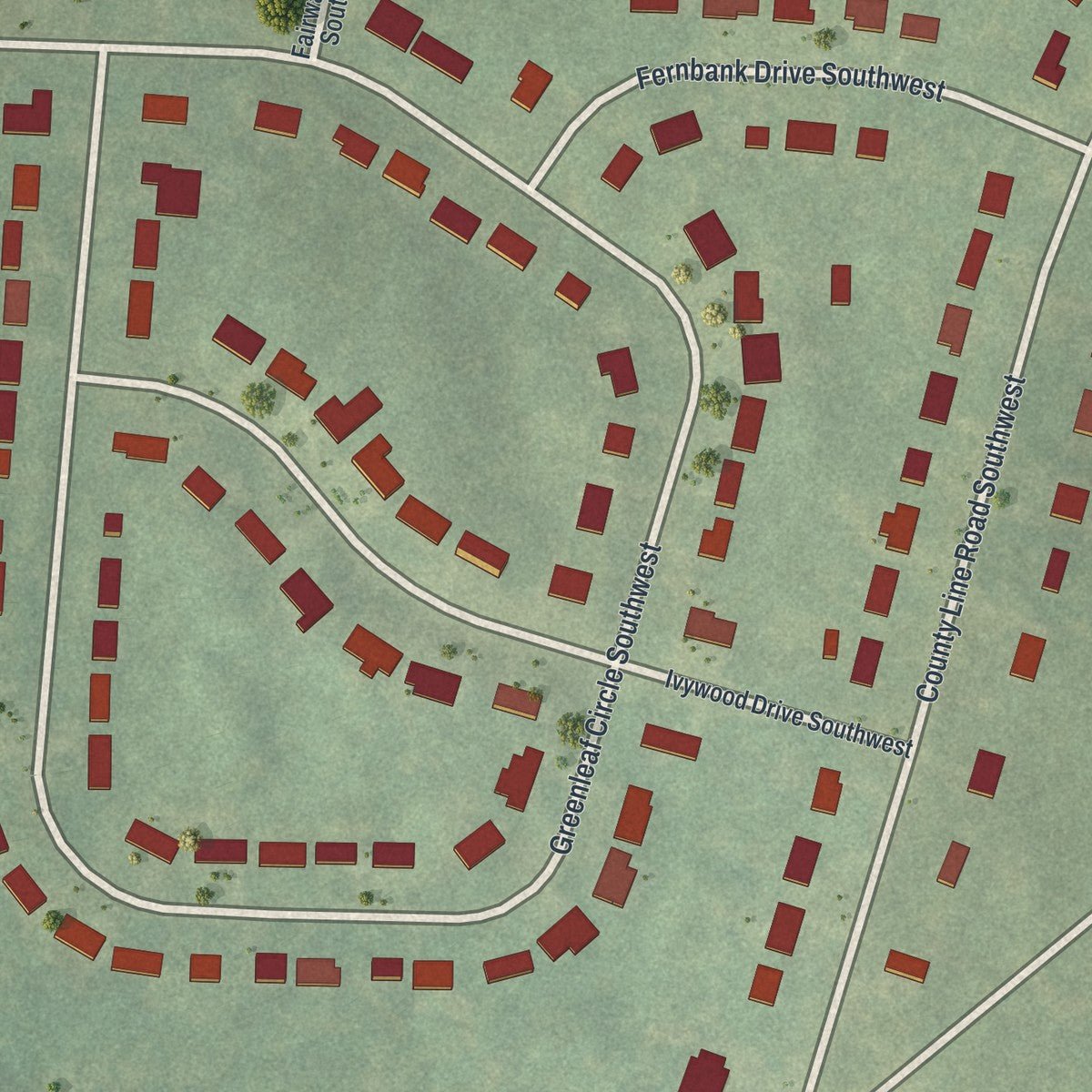 Close-up of the map of Wildwood Forest, Georgia print showing street and building detail