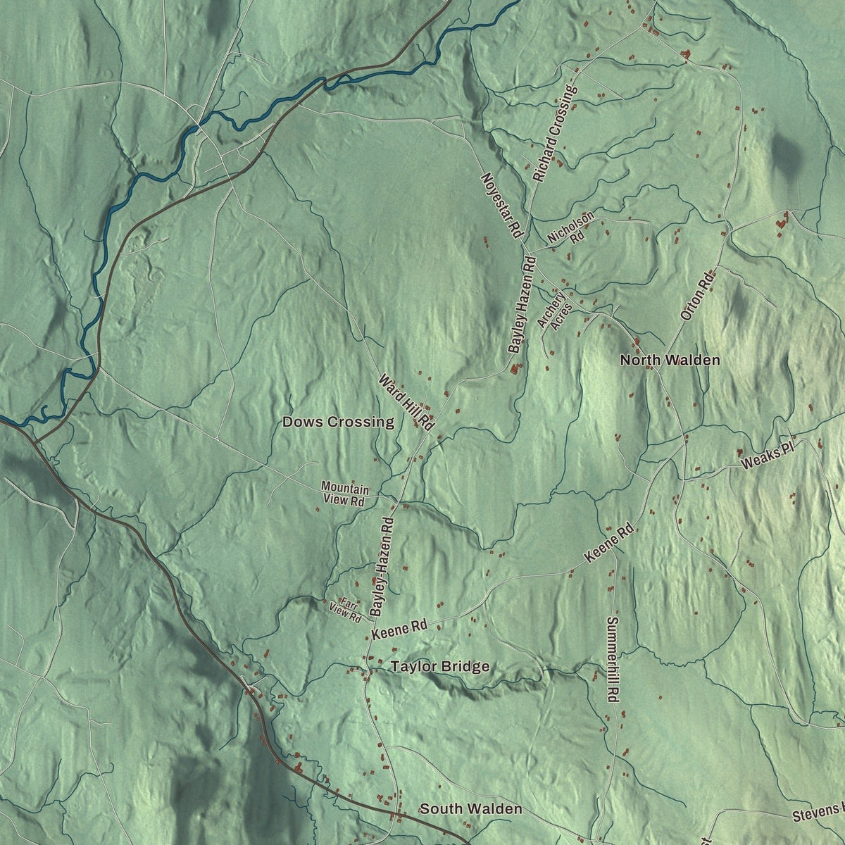 Close-up of the map of Walden, Vermont print showing streets and neighborhoods