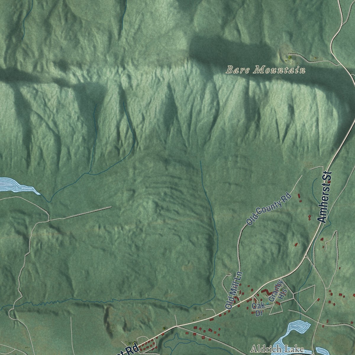 Close-up of the map of Granby, Massachusetts print showing street and building detail