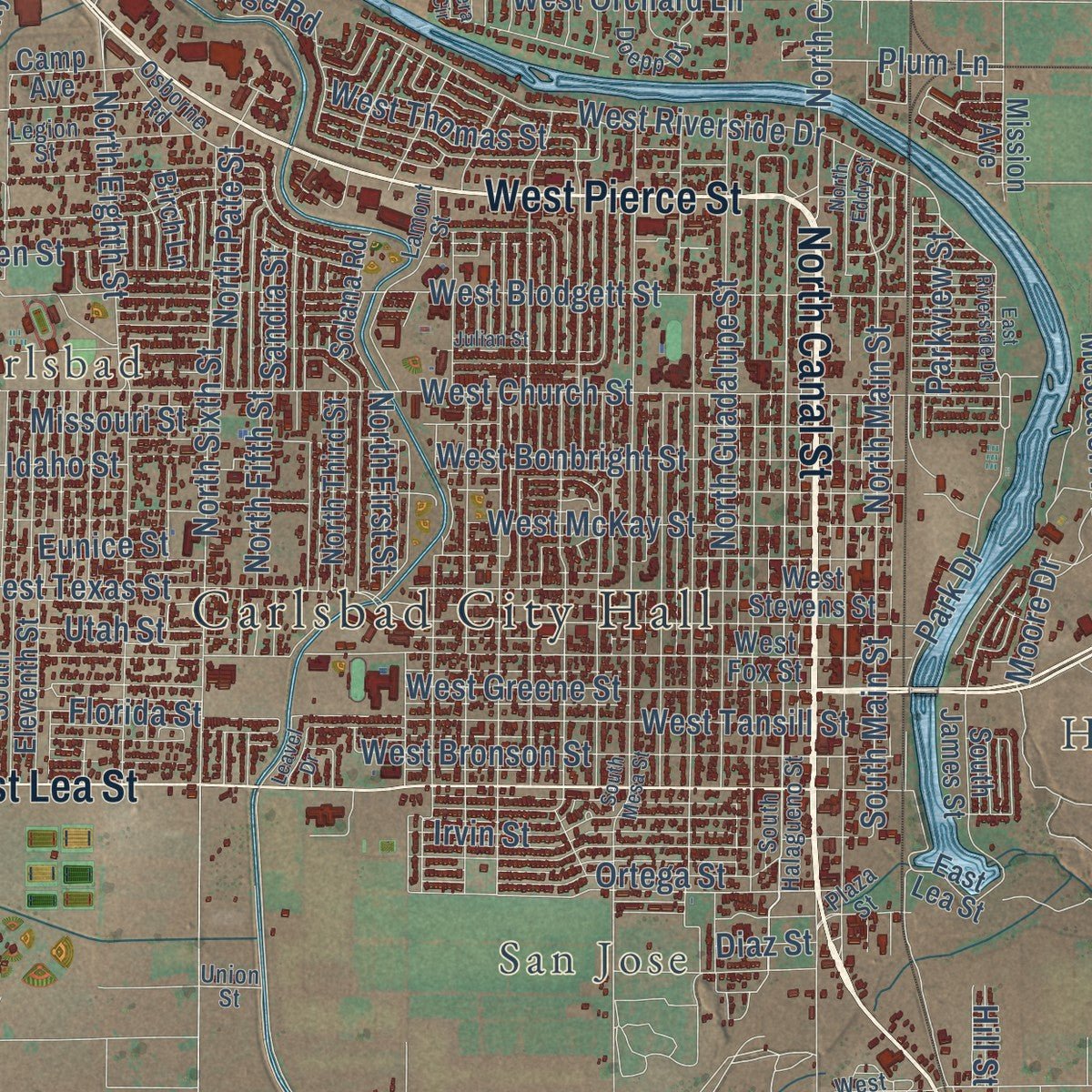 Close-up of the map of Carlsbad, New Mexico print showing street and building detail