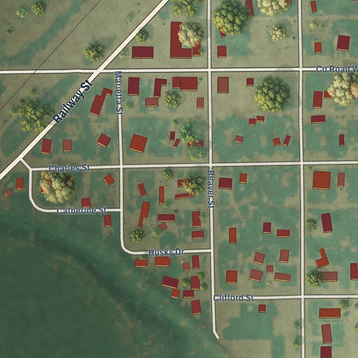 Close-up of the map of Hillrose, Colorado print showing street and building detail