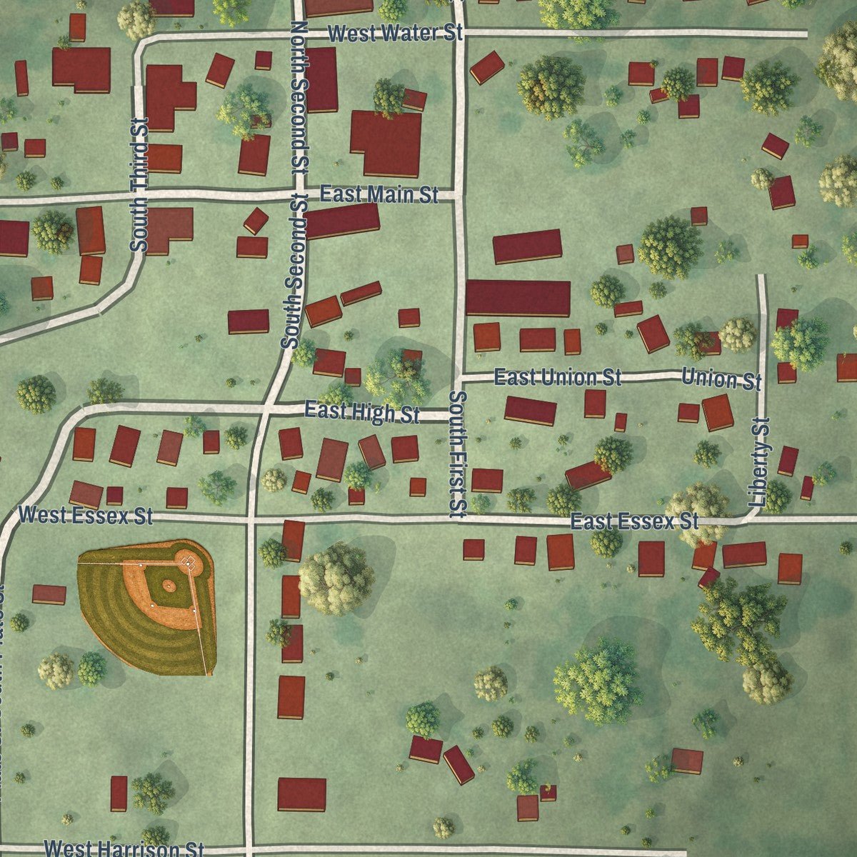 Close-up of the map of London Mills, Illinois print showing street and building detail