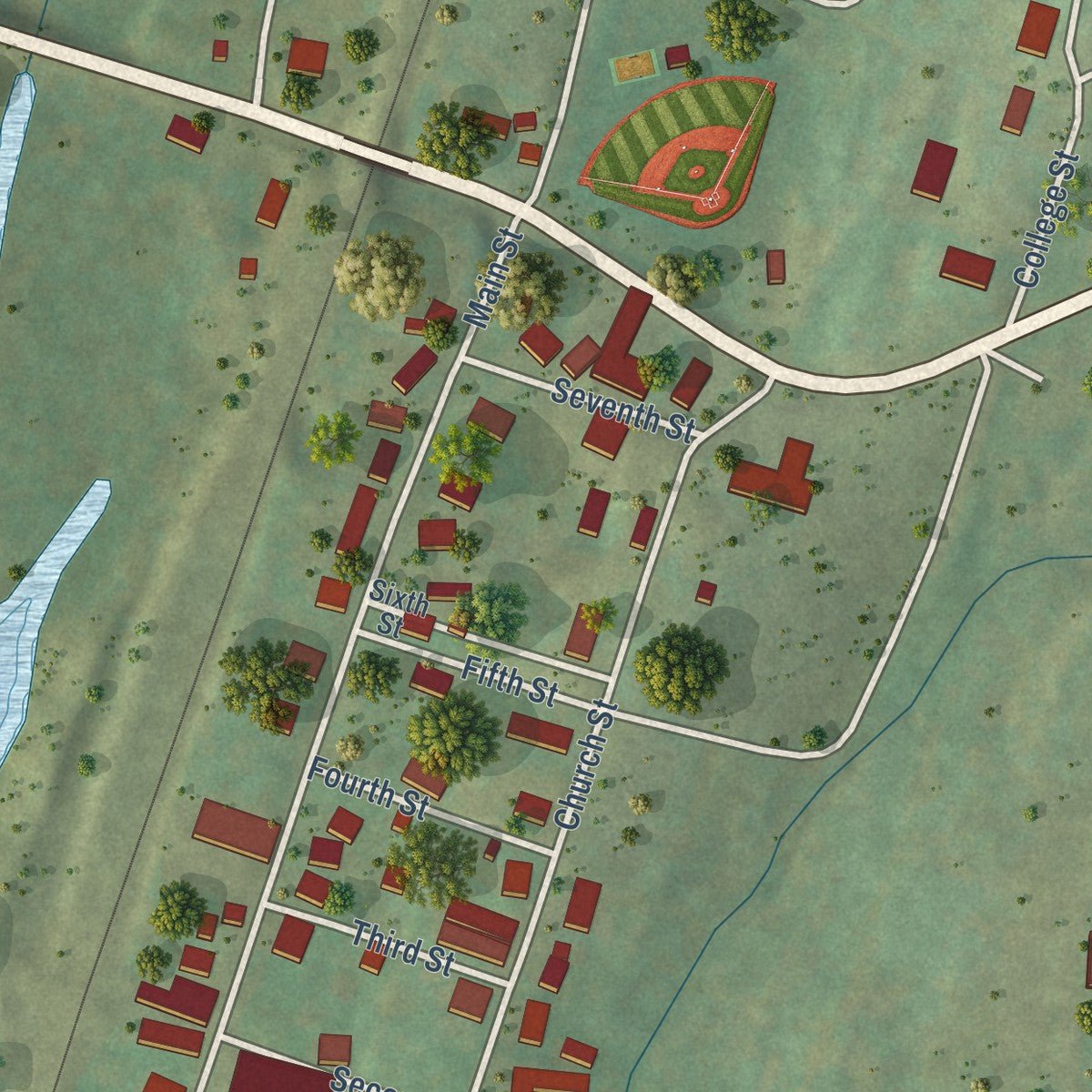 Close-up of the map of Calhoun, Tennessee print showing street and building detail