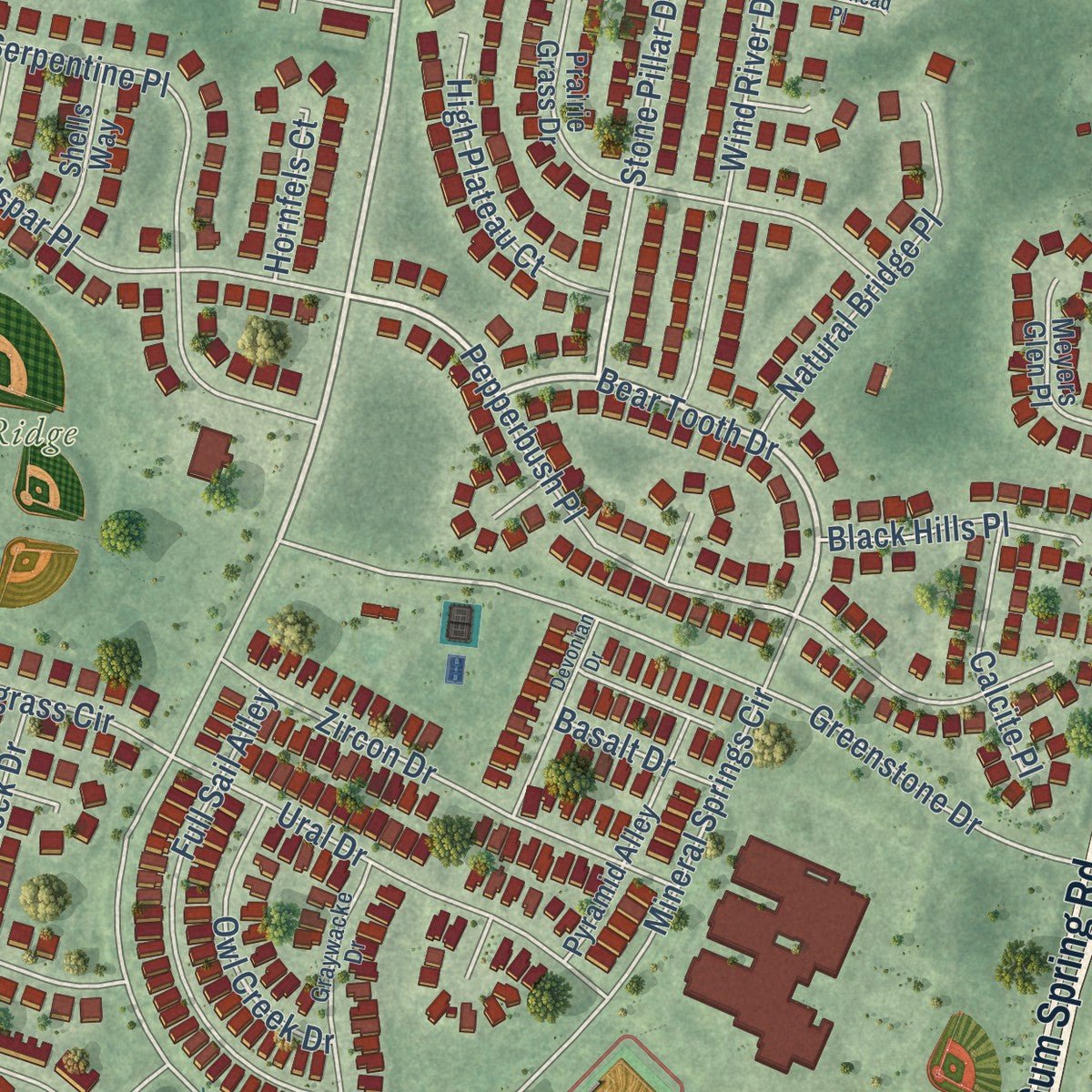 Close-up of the map of Stone Ridge, Virginia print showing street and building detail