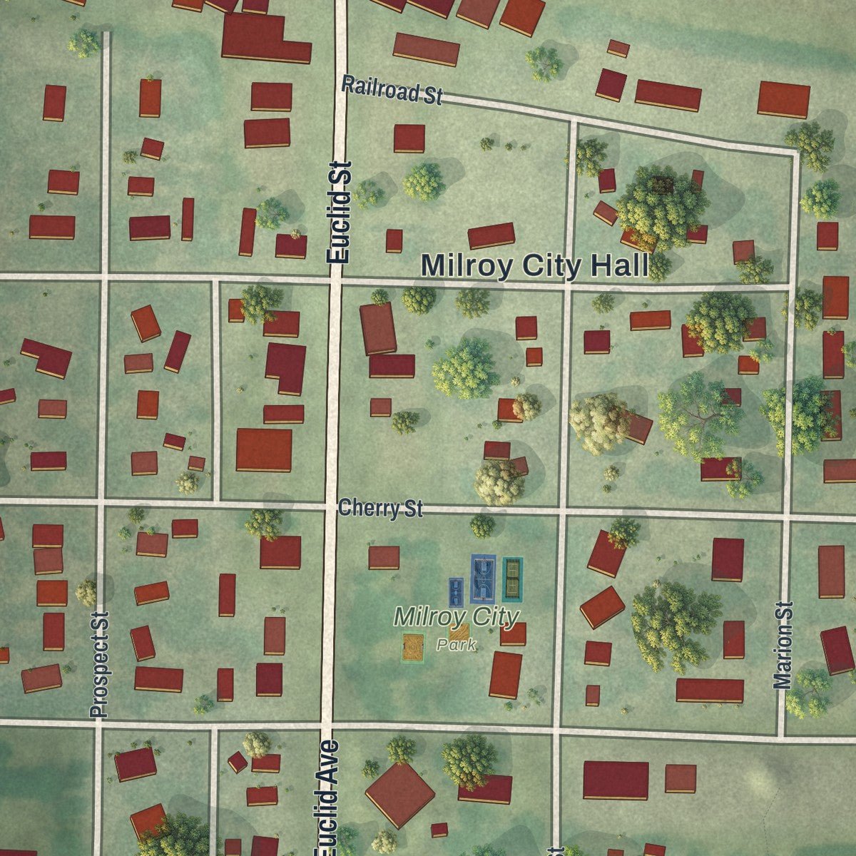 Close-up of the map of Milroy, Minnesota print showing street and building detail