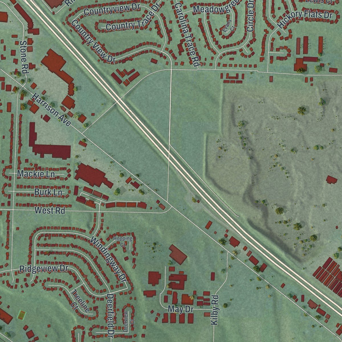 Close-up of the map of Harrison, Ohio print showing street and building detail