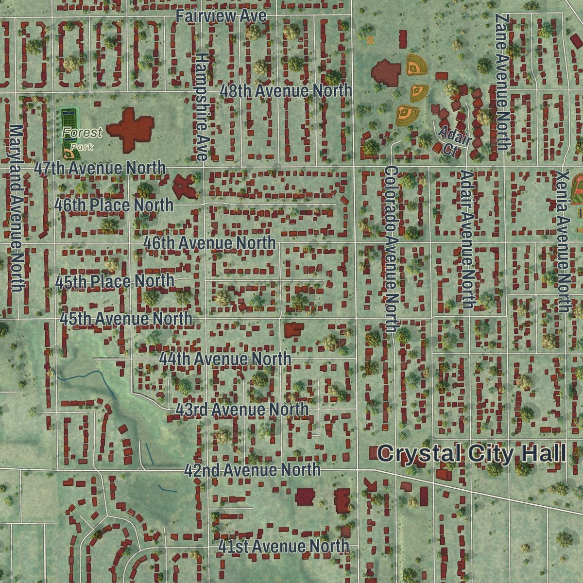 Close-up of the map of Crystal, Minnesota print showing street and building detail