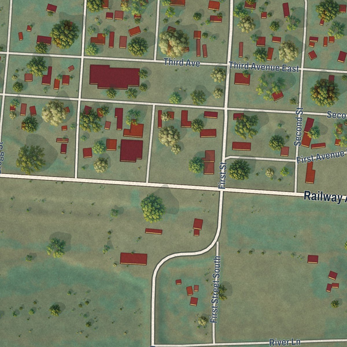 Close-up of the map of Ryegate, Montana print showing street and building detail