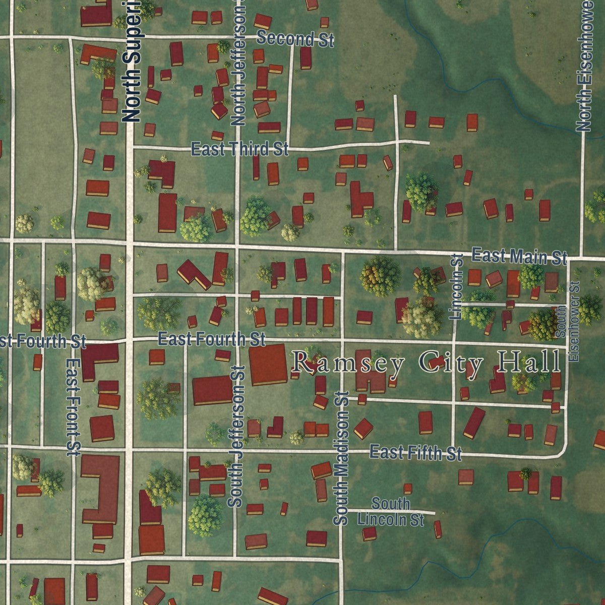 Close-up of the map of Ramsey, Illinois print showing street and building detail