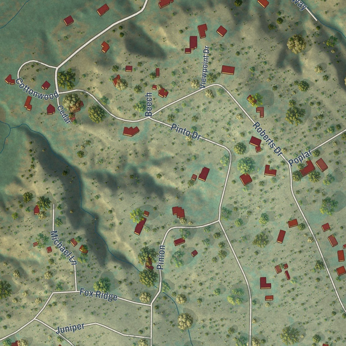 Close-up of the map of Timbercreek Canyon, Texas print showing street and building detail