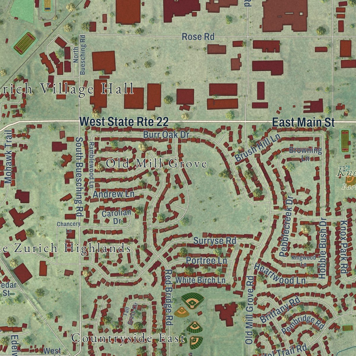 Close-up of the map of Lake Zurich, Illinois print showing street and building detail