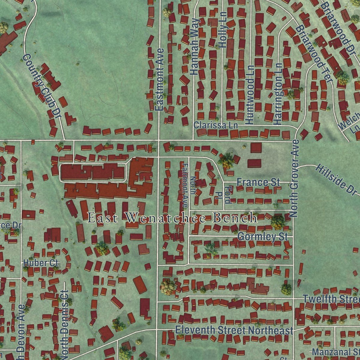 Close-up of the map of East Wenatchee, Washington print showing street and building detail