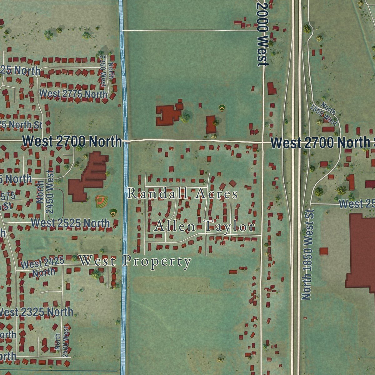 Close-up of the map of Farr West, Utah print showing street and building detail
