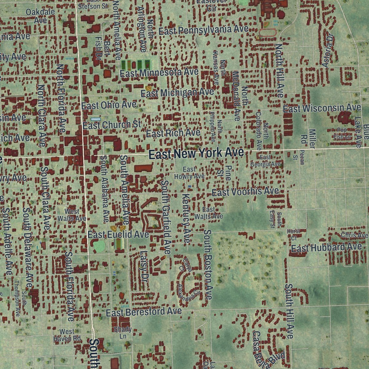 Close-up of the map of DeLand, Florida print showing street and building detail