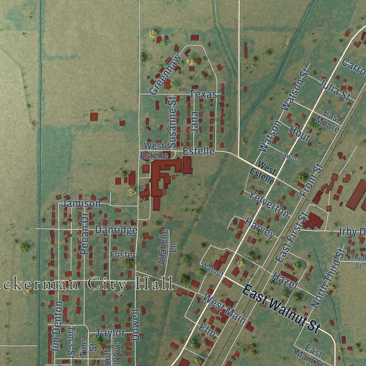 Close-up of the map of Tuckerman, Arkansas print showing street and building detail
