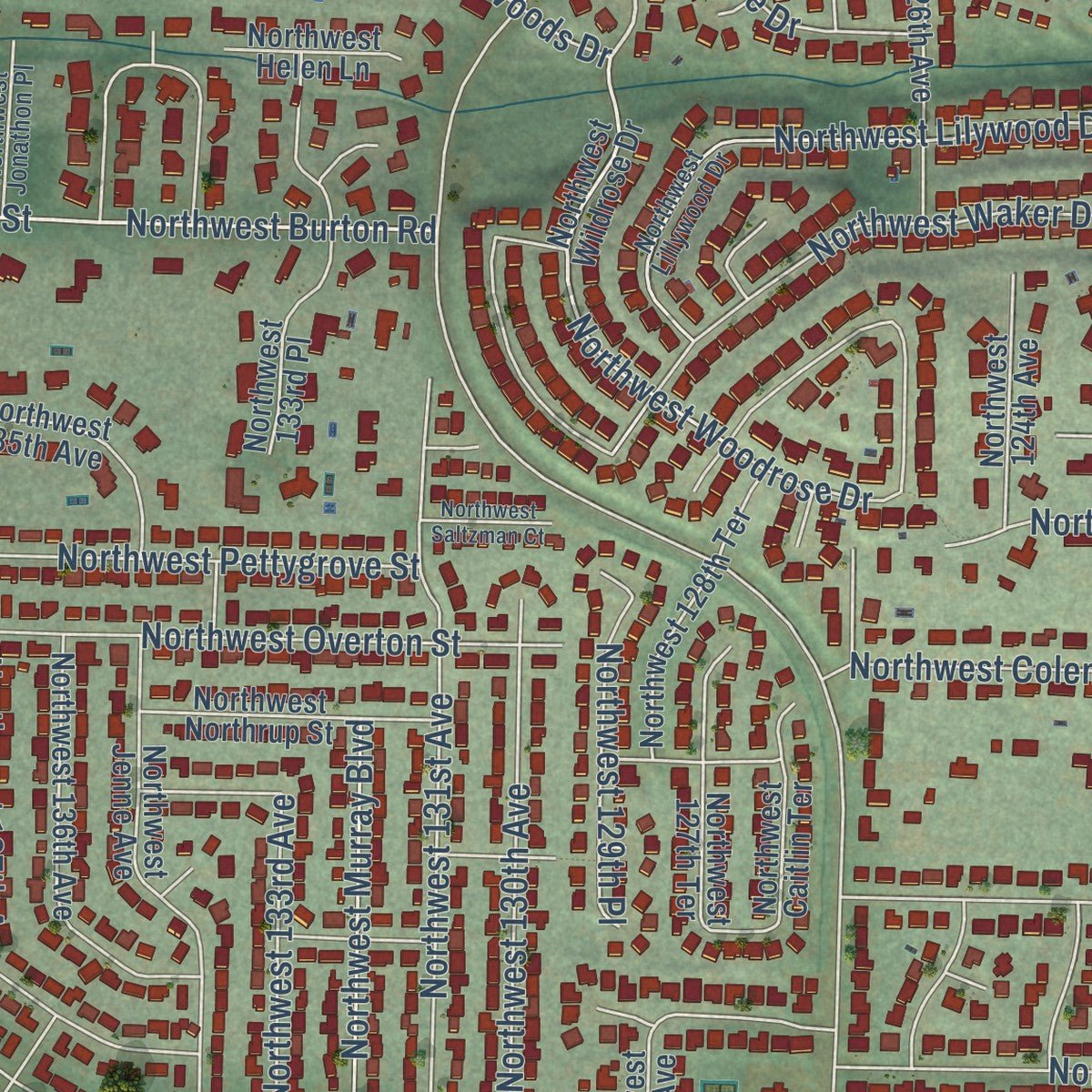 Close-up of the map of Cedar Mill, Oregon print showing street and building detail