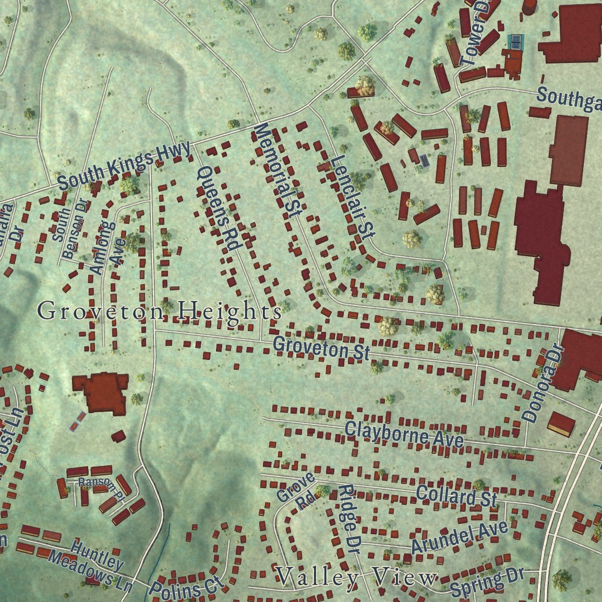 Close-up of the map of Groveton, Virginia print showing street and building detail