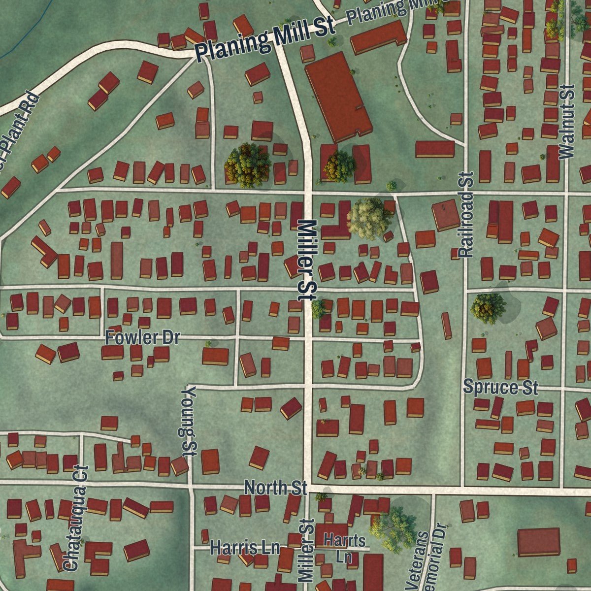 Close-up of the map of Caldwell, Ohio print showing street and building detail