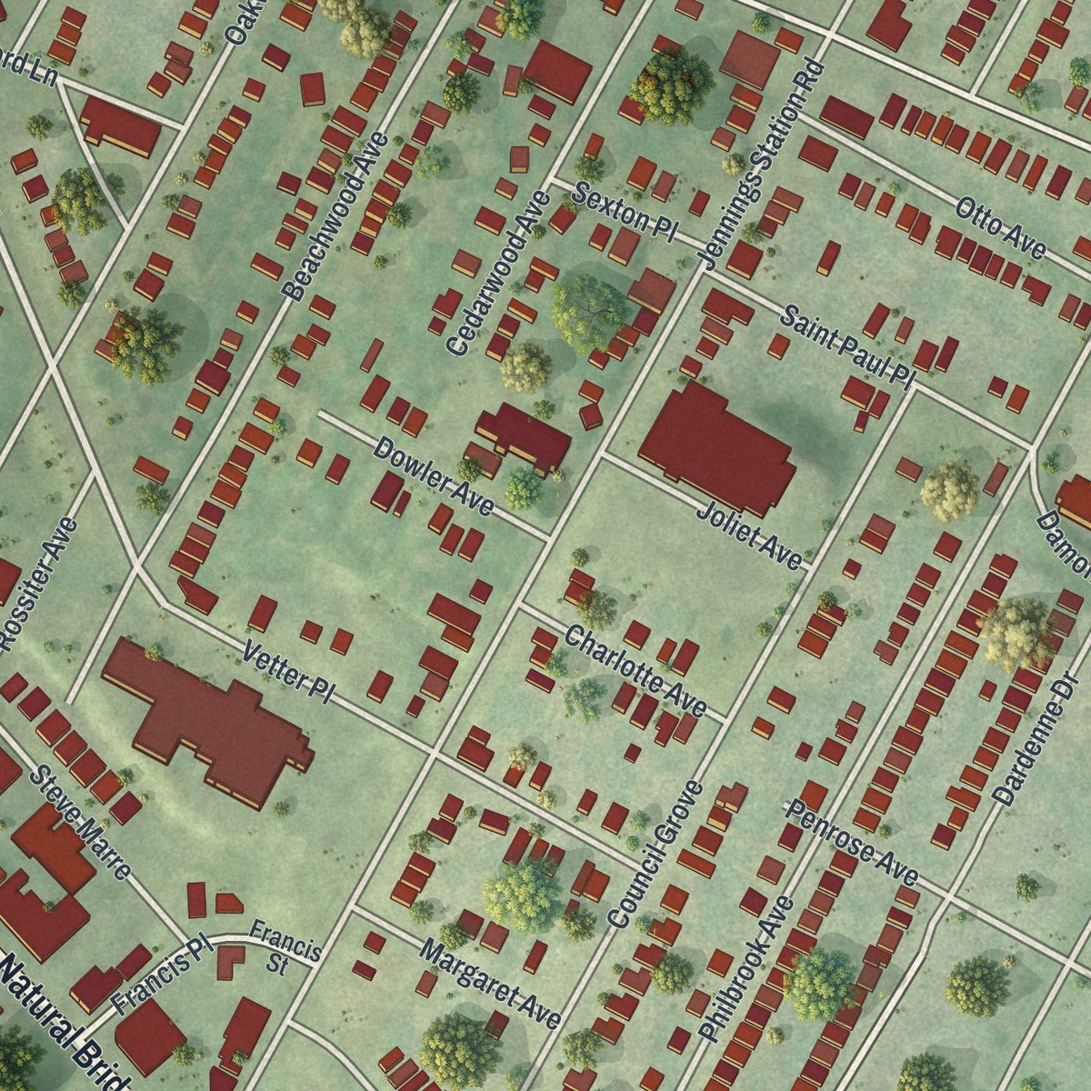 Close-up of the map of Pine Lawn, Missouri print showing street and building detail