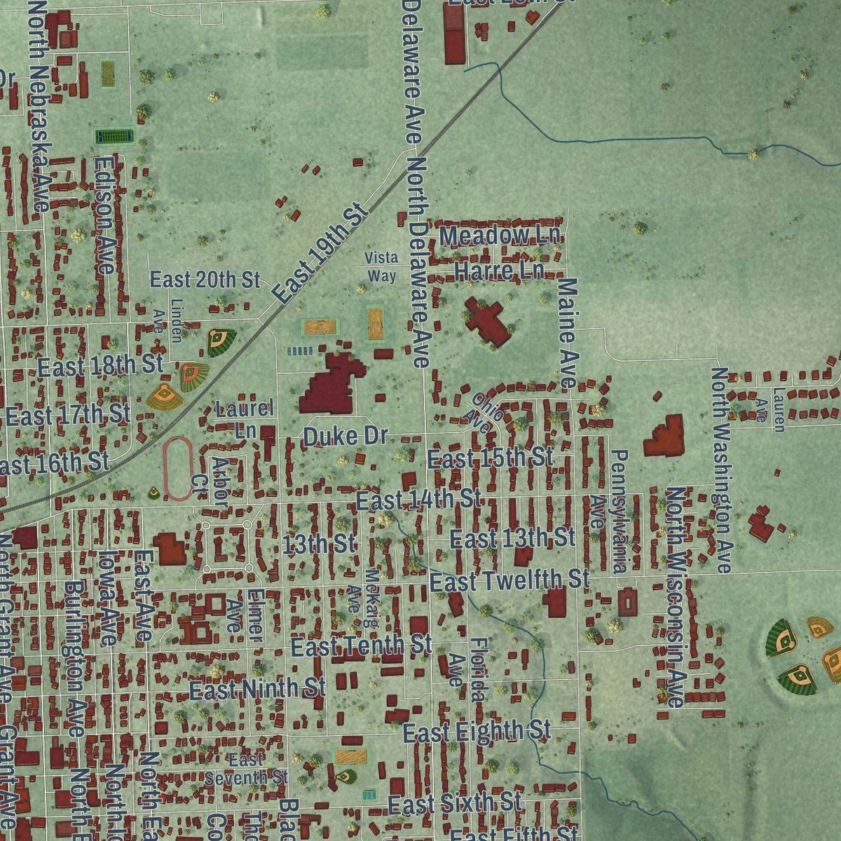 Close-up of the map of York, Nebraska print showing street and building detail