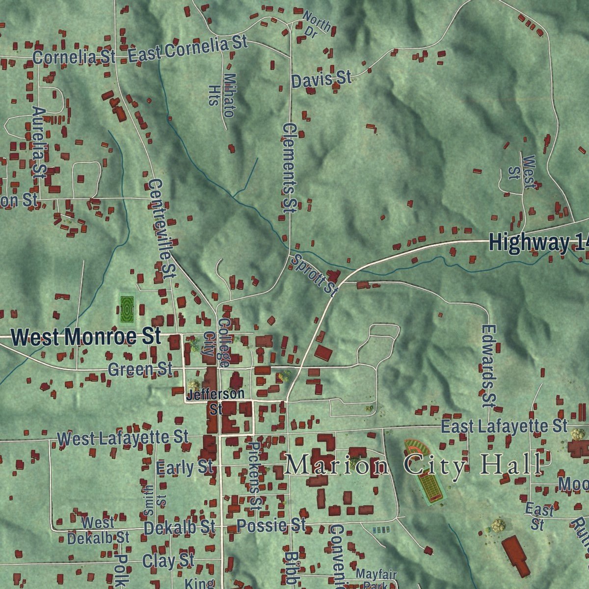 Close-up of the map of Marion, Alabama print showing street and building detail