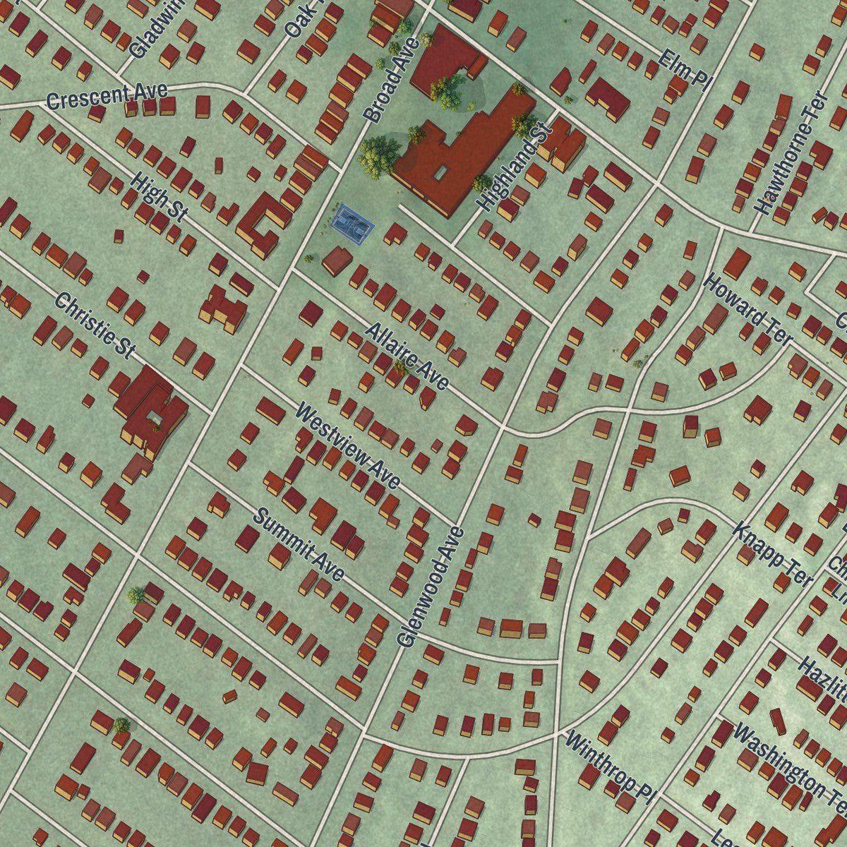 Close-up of the map of Leonia, New Jersey print showing street and building detail