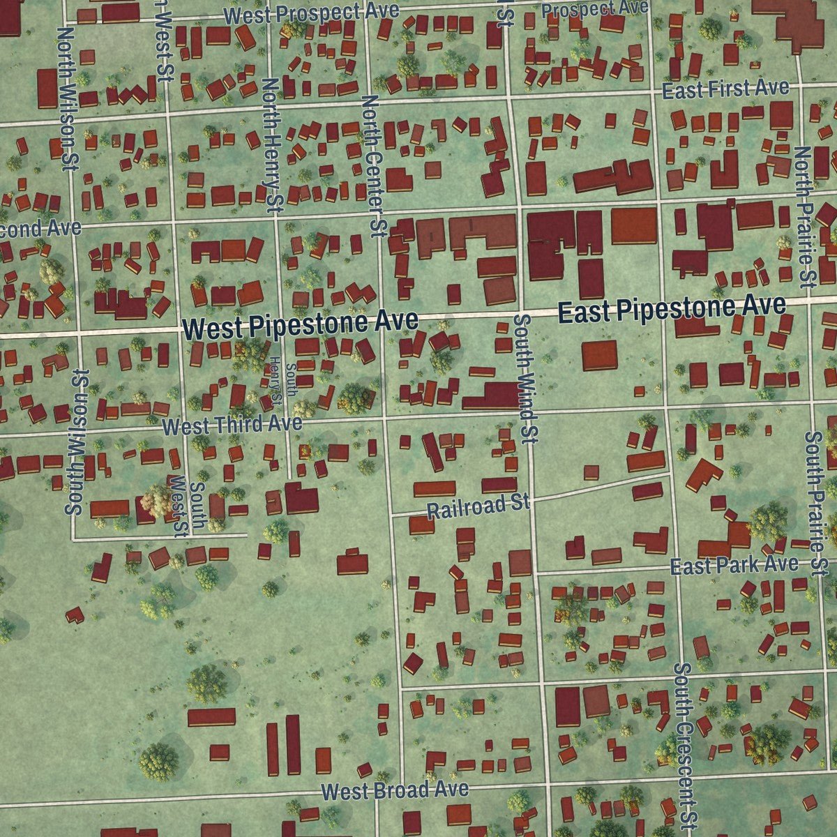 Close-up of the map of Flandreau, South Dakota print showing street and building detail