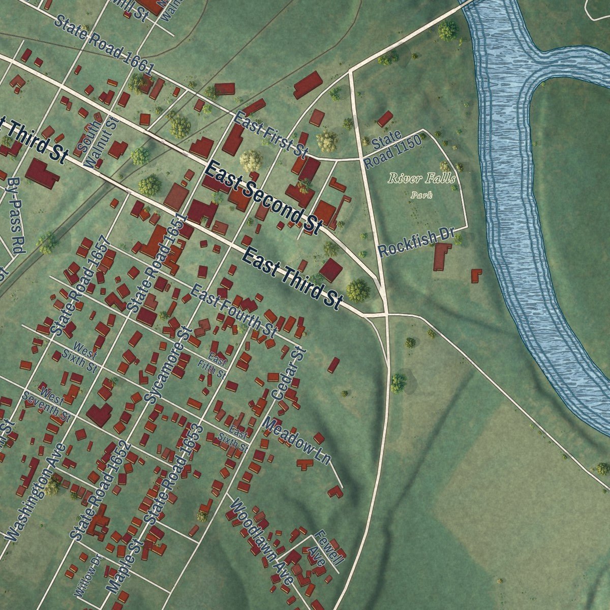 Close-up of the map of Weldon, North Carolina print showing street and building detail