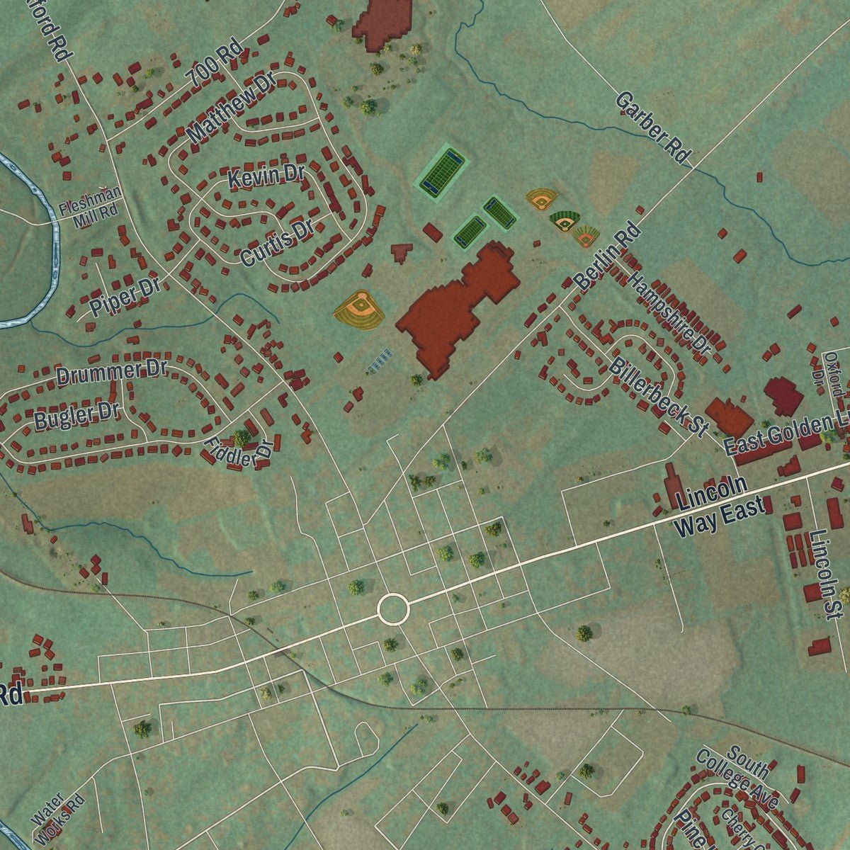 Close-up of the map of Oxford, Adams County, Pennsylvania print showing street and building detail