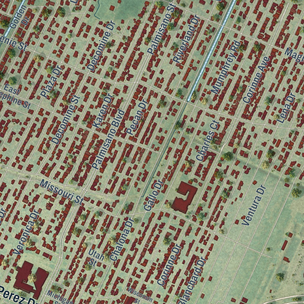 Close-up of the map of Chalmette, Louisiana print showing street and building detail