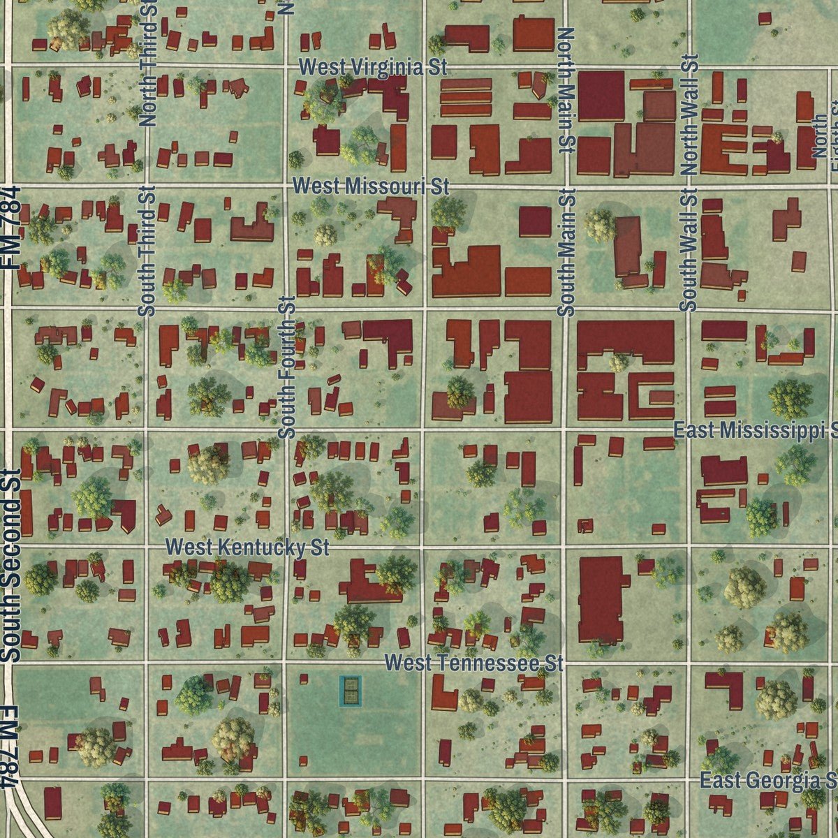 Close-up of the map of Floydada, Texas print showing street and building detail